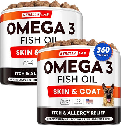 STRELLALAB Fish Oil Omega 3 6 9 Chews for Dogs - Allergy and Itch Relief - Flea and Tick Chews for Dogs - Skin and Coat Supplement - Shedding, Itchy Skin Relief - 180 Promo Jar - Chicken Liver