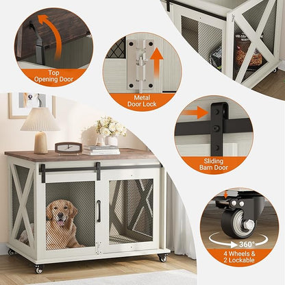 TROPOW Dog Crate Furniture,37 Inch Dog Kennel Furniture, Sliding Barn Door, Flip Top Dog Crate End Table with Removable Divider, Farmhouse Dog Cage for Small to Middle Size Dogs