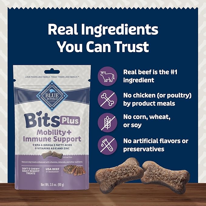 Blue Buffalo Blue Bits Plus Mobility and Immune Support Daily Benefit Dog Treats, Soft & Chewy Beef Morsels, 3.5-oz. Bag