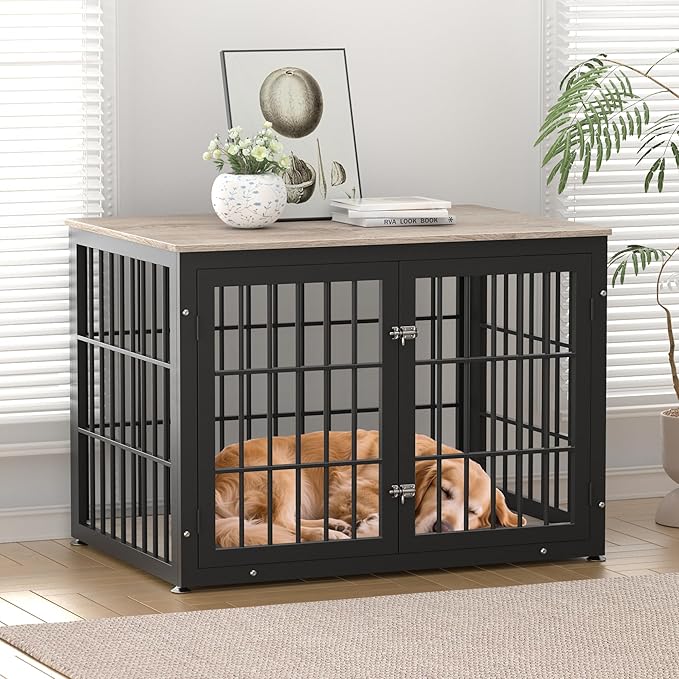 rehomerance 42 Inch Heavy Duty Dog Crate Furniture for Large and Medium Dogs, Decorative Pet House End Table, Wooden Cage Kennel Furniture Indoor, Grey