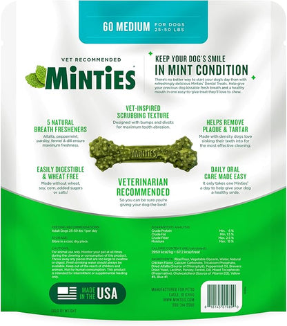 Minties Dog Dental Bone Treats, Dental Chews for Dogs 25-50 lbs, 60 Count, Brushing Chews Helps Clean Teeth and Freshen Bad Breath, Removes Plaque and Tartar, Veterinarian Recommended