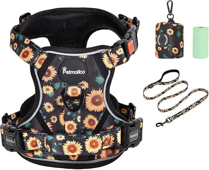 Petmolico No Pull Dog Harness Set with Leash Attachment Easy Control Handle Reflective Harness Vest Small Breed, Puppy Vest and Leash Set with Poop Bag Holder, Large - Sunflower