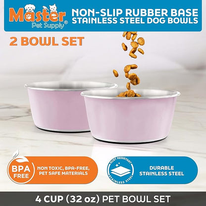 Master Pet Supply Stainless Steel Dog Bowls Set of 2 (32 Oz Each) with Non-Slip Rubber Base - Rose Quartz - Basic Dog Food Bowl Water & Food Bowls for Small Medium Large Dogs & Cats, Metal Dish