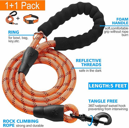 Ladoogo Reflective Dog Collar Padded with Soft Neoprene Breathable Adjustable Nylon Dog Collars for Small Medium Large Dogs (Large (Pack of 1), Orange Collar+Leash)