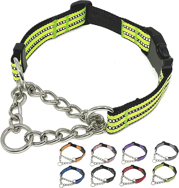 Martingale Dog Collars, Reflective Nylon Collar with Stainless Steel Chain, Adjustable Walking Training Dog Collars with Quick Release Buckle, Suitable for Small Medium Large Dogs(Green,M)