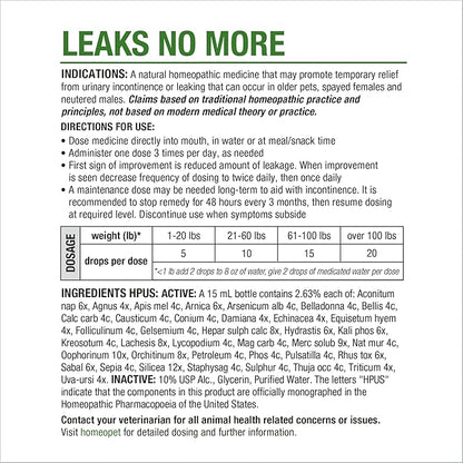HomeoPet Leaks No More, Safe, Gentle, and Natural Supplement for Cat and Dog Urinary Incontinence Relief, 15 Milliliters