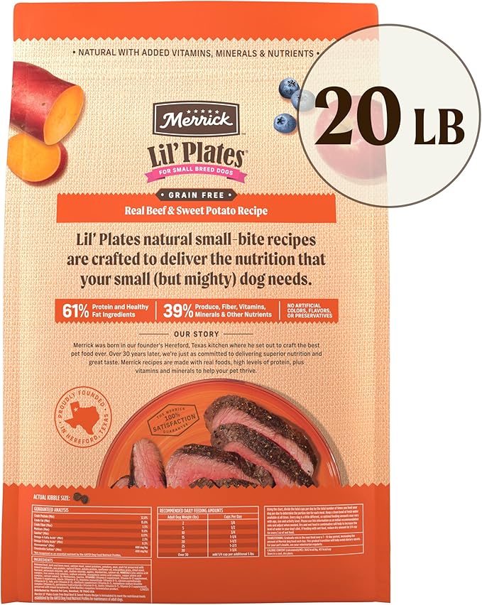 Merrick Lil’ Plates Premium Grain Free Dry Dog Food For Small Dogs, Real Texas Beef And Sweet Potato Kibble - 20.0 lb. Bag