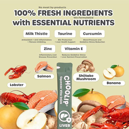 Choolip Squeeze Vita Stick Lickable Cat and Dog Treats, 7-Count Liver Support, Salmon and Lobster with Milk Thistle, CoQ10 and Vitamin E, Vet-Formulated