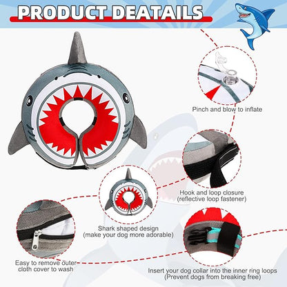 KOOLTAIL Inflatable Dog Cone Collar, Soft Donut E Collar for Dogs After Surgery to Stop Licking Enhanced Alternative, Blow Up Pet Neck Pillow Recovery Adjustable Cone for Dog Cat, Upgrade Size,Shark M
