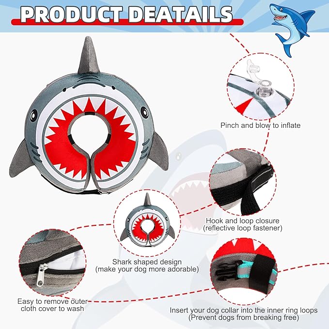 KOOLTAIL Inflatable Dog Cone Collar, Soft Donut E Collar for Dogs After Surgery to Stop Licking Enhanced Alternative, Blow Up Pet Neck Pillow Recovery Adjustable Cone for Dog Cat, Upgrade Size,Shark L