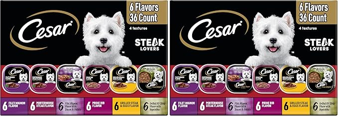 Cesar Wet Dog Food Steak Lovers Variety Pack,Adult,Wet Food for Dogs with Real Meat,3.5 oz Easy Peel Trays,36 Count (Pack of 2)