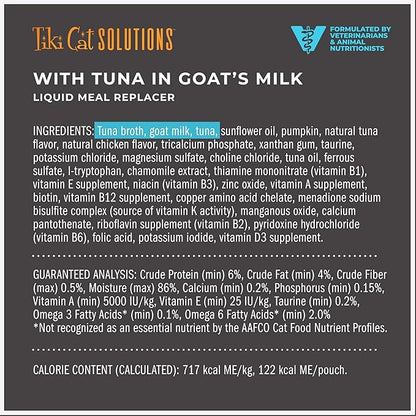 Tiki Cat Solutions Liquid Meal Replacer Wet Cat Food, Tuna in Goat's Milk, 6 oz. Spout Pouch (6 Pack)