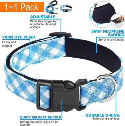 Ladoogo Reflective Dog Collar Padded with Soft Neoprene Breathable Adjustable Nylon Dog Collars for Small Medium Large Dogs (X-Small (Pack of 1), Vivid Blue Plaid Collar+Leash)