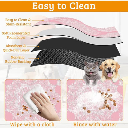 Pet Feeding Mat,Boho Mandala Absorbent Dog Cat Food Mat Pink Flower Dog Mat with Rubber Backing,Non-Slip Water Bowl Placemat,Pet Supplies 16" x 24"