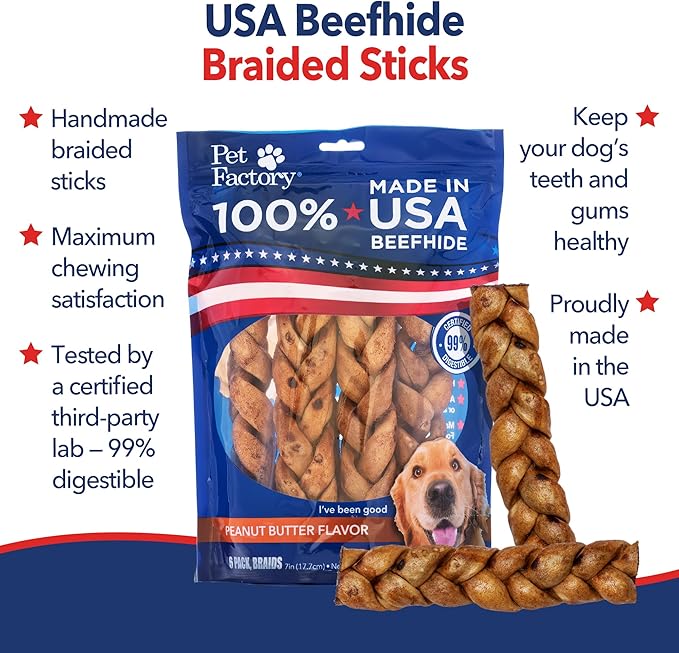 Pet Factory 7in Braided Beefhide Dog Chew Sticks with Peanut Butter Flavor - 100% USA Made Rawhide Chews for Medium Dogs,Long Lasting Dental Health,7 inches,6 Count (Pack of 2)