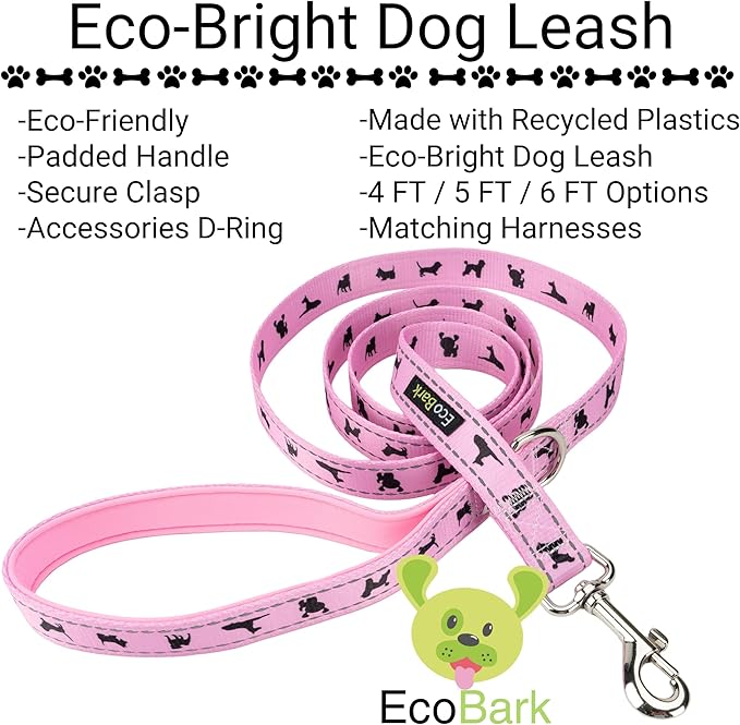 EcoBark Dog Leash - Soft & Reflective Comfort Training Leashes with Padded Handle - Safe, Strong, & for Small, Medium or Large Dogs (Baby Pink)