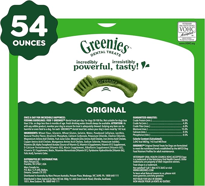 Greenies Veterinarian-Recommended Adult Natural Dental Dog Treats Large Size, Dog Dental Chews, Original Flavor, 54 oz. Pack, 34 Count