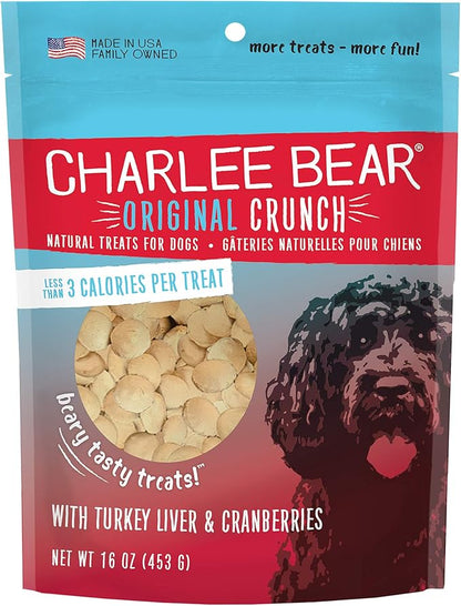 Charlee Bear Original Crunch Dog Treats,Turkey Liver and Cranberries Resealable Bag,Low Calorie Training Treats for Dogs,Limited Ingredient,Healthy,Crunchy Dog Snacks,Made in USA,16 Ounce (Pack of 2)
