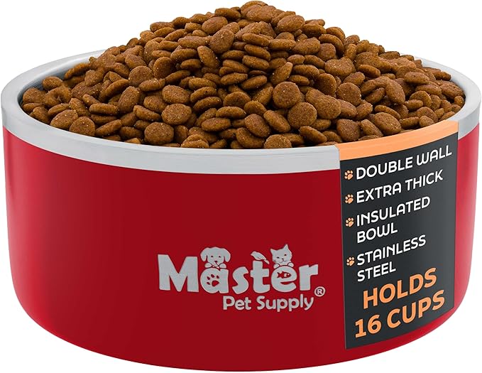 Master Pet Supply Stainless Steel Dog Bowls - 128 oz, Heavy Duty - Crimson Flame, Double Wall Extra-Thick Insulated, Non-Slip Pet Water Bowl for Dogs, Cats & Pets, Anti Rust Metal, Dish Washer Safe