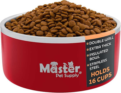 Master Pet Supply Stainless Steel Dog Bowls - 128 oz, Heavy Duty - Crimson Flame, Double Wall Extra-Thick Insulated, Non-Slip Pet Water Bowl for Dogs, Cats & Pets, Anti Rust Metal, Dish Washer Safe