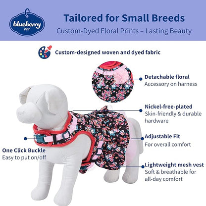 Blueberry Pet New Soft & Comfy Made Well Elegant Floral No Pull Mesh Puppy Dog Costume Harness Dress in Sleek Black, Chest Girth 14"-16", X-Small, Adjustable Harnesses for Dogs