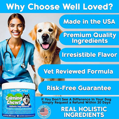Well Loved Calming Chews for Dogs - Dog Calm Treats, Made in USA, Vet Developed, Behavior Support, Stress, Separation, Fireworks, Travel, Melatonin, Natural & Holistic, 90 Count