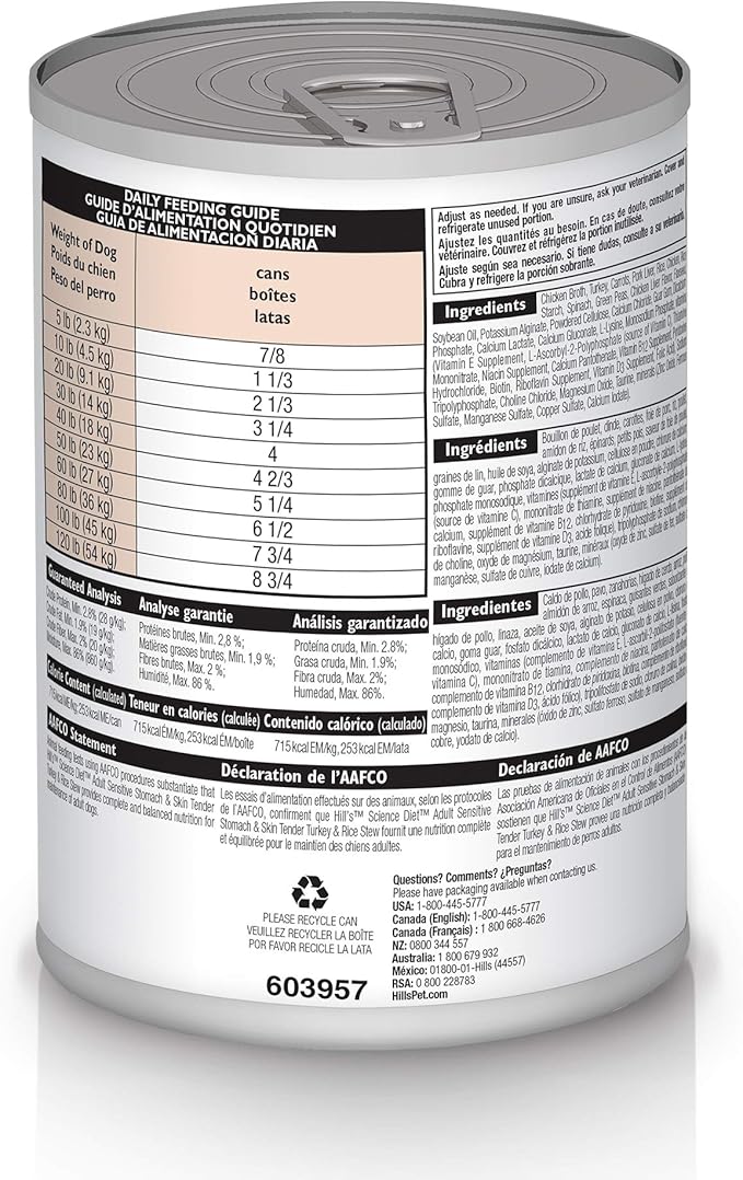 Hill's Science Diet Sensitive Stomach & Skin,Adult 1-6,Stomach & Skin Sensitivity Support,Wet Dog Food,Turkey-& Rice Stew,12.5 oz Can,(Pack of 24)
