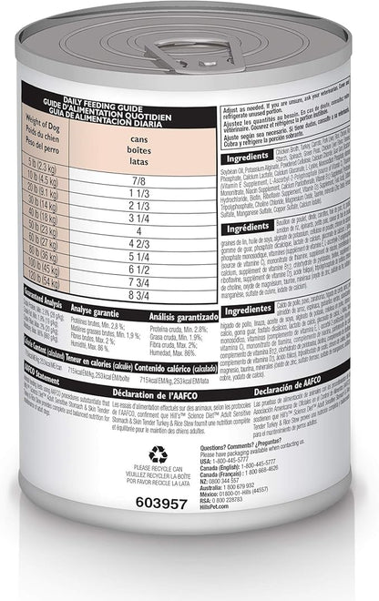 Hill's Science Diet Adult 1-6 Sensitive Stomach & Sensitive Skin Wet Dog Food, Tender Turkey & Rice Stew in Gravy, 12.5 oz. Cans, 12-Pack