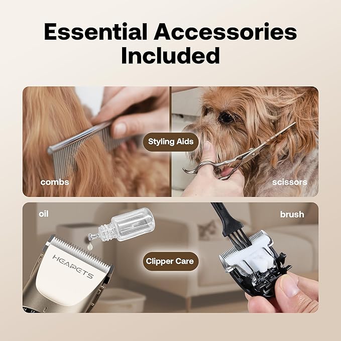 HEAPETS Dog Hair Clippers for Grooming Kit and Dog Paw Trimmer Nail Grinder for Grooming, Low Noise Rechargeable Cordless, Shaver Grooming Supplies for Pet Cats Dogs (Gold, White)