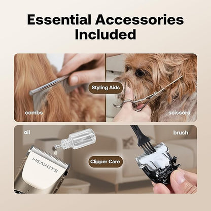 HEAPETS Dog Hair Clippers for Grooming Kit and Dog Paw Trimmer Nail Grinder for Grooming, Low Noise Rechargeable Cordless, Shaver Grooming Supplies for Pet Cats Dogs (Gold, White)