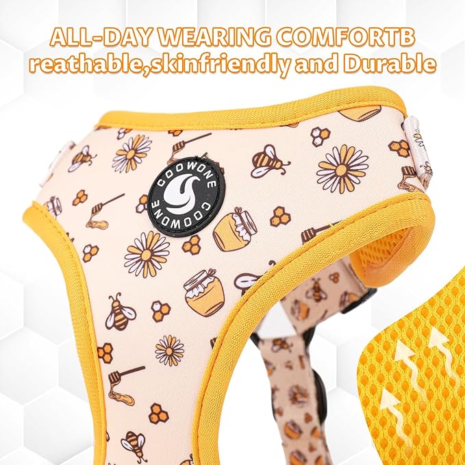 Dog Cat Harness and Leash Set, Puppia Soft Mesh Padded and Adjustable Puppy Vest Cute Dog Clothes Escape Proof Easy Walk Pet Accessories (Honeybee, M (Neck 13.4"-16.5"; Chest 17.7"-23"))
