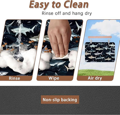 Cute Shark Dog Cat Food Mat,Absorbent Pet Feeding Mat with Rubber Backing,Non-Slip Water Bowl Placemat,Indoor Pet Accessories Supplies 16"x24"