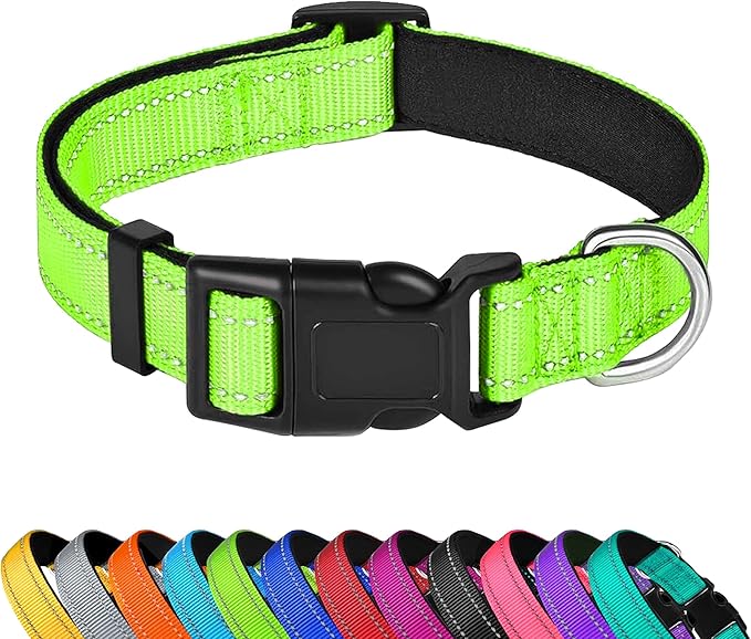 Reflective Dog Collar, Adjustable Soft Neoprene Padded Nylon Pet Collars with Buckle for Medium Dogs, Green,M