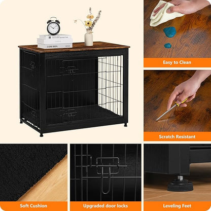 DWANTON Dog Crate Furniture with Cushion, Wooden Kennel Table with Double Doors, Indoor Dog House, Medium Size, 32.5" L, Black+Rustic Brown