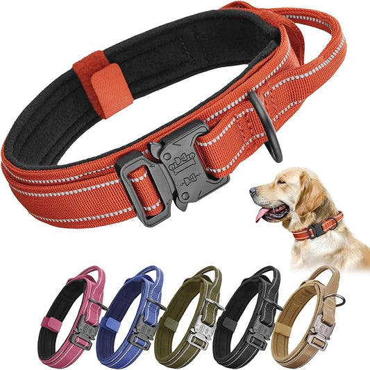 KCUCOP Tactical Dog Collar for Medium & Large Dogs - Military Nylon Heavy Duty Collar with Handle, Reflective Strip & Metal Buckle for Training, Outdoor (Orange Reflective, Large)