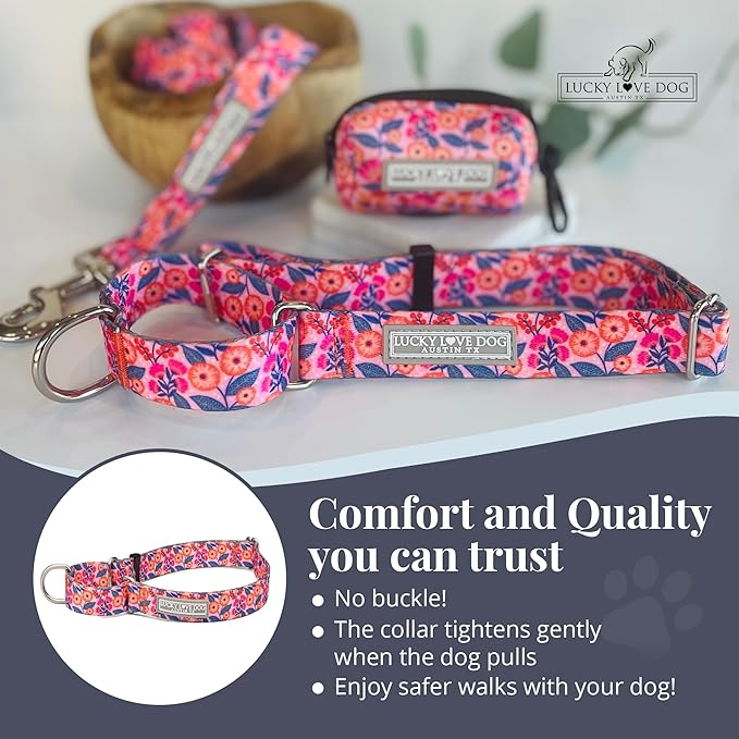 Lucky Love Dog Martingale Dog Collar - Adjustable, No-Slip, Durable, & Soft Webbing Collar for Male and Female Dogs Ideal for Training & Walking - Rosie, Small