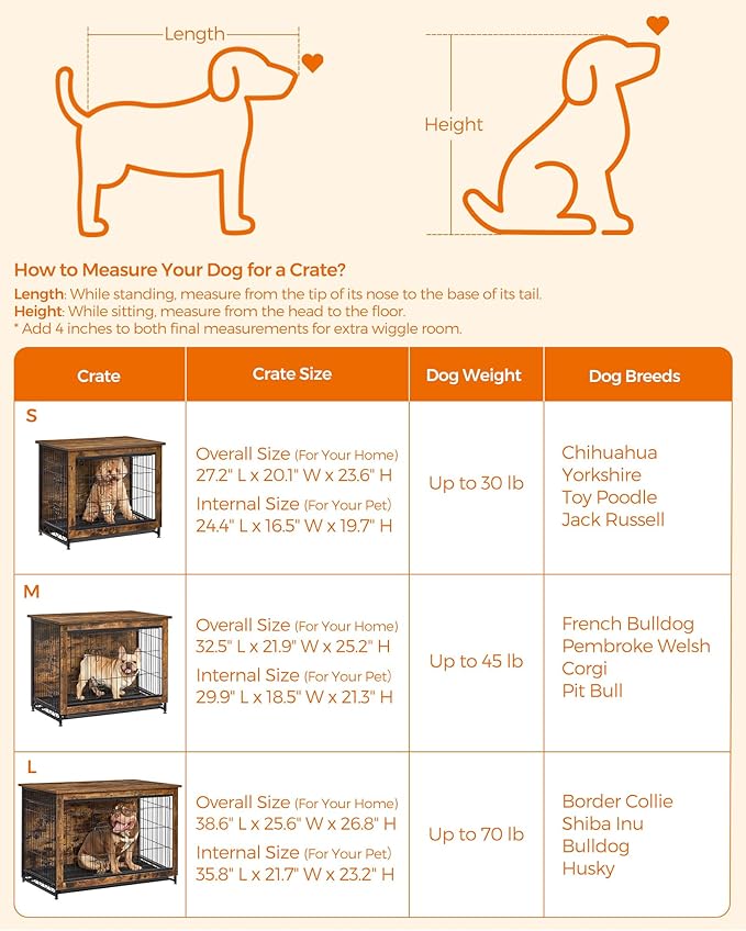Feandrea 38.6" Dog Crate Furniture, Indoor Dog Cage Side End Table, XL Pet Wood Kennel for Large and Medium Dogs up to 70 lb with Multi-Purpose Removable Tray, Double-Door Pet House, Rustic Brown