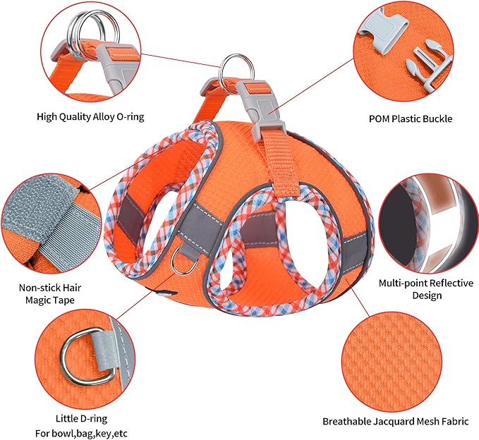 AIITLE Teacup Puppy Harness with Leash - Adjustable Soft Vest with Magic Tape & Reflective Safety Strips, Easy-Put-On for Poodles, Pomeranians - Gym, Hiking, Travel (Orange, S)