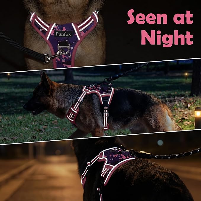 Funfox Dog Harness No Pull, Adjustable Pet Vest Harness, Super Soft Material with Vertical Handle Easy Control, Reflective Night Walking, 2 Leash Clips for XLarge Dogs, Mosaic Pink, XL