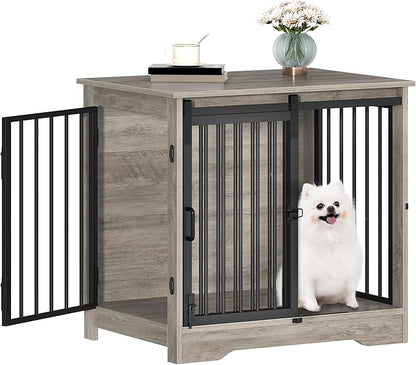 Hzuaneri 27.2" Dog Crate Furniture with Barn Door, Heavy Duty Dog Kennel Indoor with 2 Doors, Wooden Pet Cage End Table for Small Medium Dogs up to 22 lb, Anti-Chew Anti-Escape, Greige DFC84305B