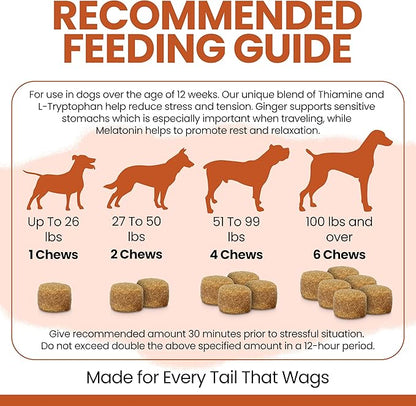 Calming Chews for Dogs - 60 Anxiety Relief Treats for Fireworks, Thunder, and Storms - Natural Dog Calming Treats for Large and Small Breeds with Thiamine, L-Tryptophan, Ginger, and Melatonin