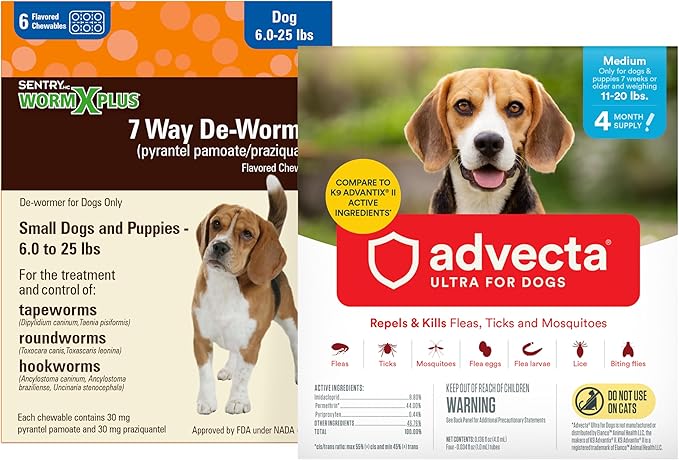 Worm X Plus 7 Way DeWormer for Small Dogs 6-25 lbs (6 Count) + ADVECTA Flea and Tick Prevention for Medium Dogs 11-20 lbs (4 Count) Bundle