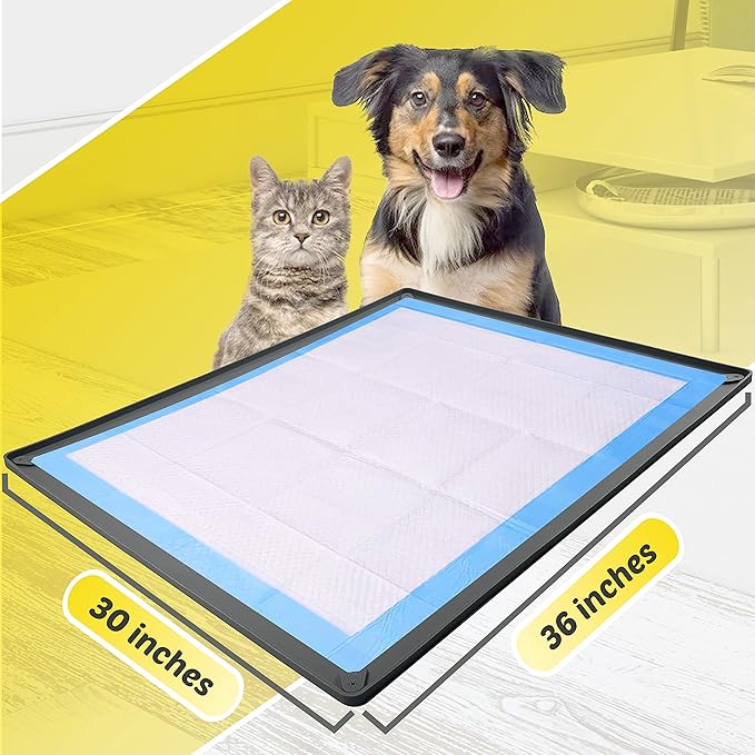 TidyFriend Dog Pee Pad Holder Tray Fits for 30” x 36” Pee Pads with Corner Lock Holes, Raised Edges, Non-Spill, Easy to Clean Silicone Dog Potty Tray Holder, for Indoor Floor Protection (Grey)