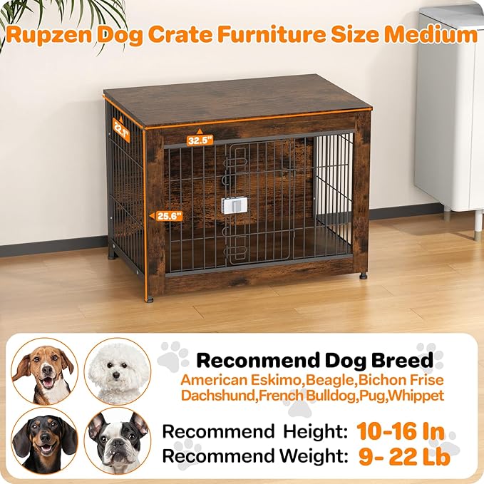 Dog Crate Furniture, Wooden Dog Crate 32in, Decorative Cage with End Table for Dog Indoor Kennel, High Anxiety Dog, Escape-Proof Locks for All Breeds