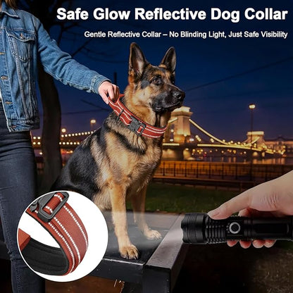 KCUCOP Tactical Dog Collar for Medium & Large Dogs - Military Nylon Heavy Duty Collar with Handle, Reflective Strip & Metal Buckle for Training, Outdoor (Orange Reflective, XLarge)