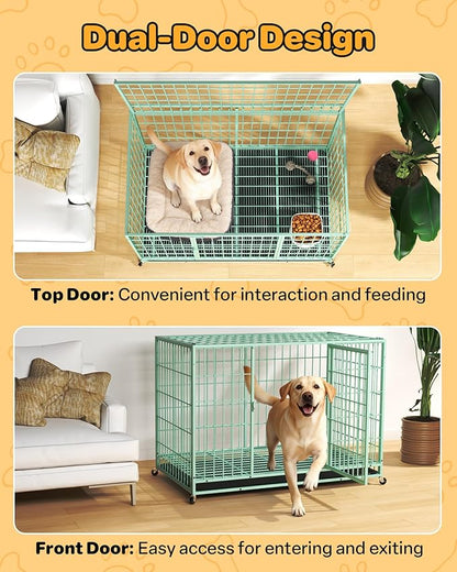 HIWOKK 48 Inch Large Dog Crate, Escape Proof Dog Cage with Dual Door Lock and Swivel Casters,Removable Tray for Easy Cleaning, Dog Kennel Indoor Outdoor Use