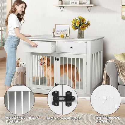 PUKAMI 44inch Large Dog Crate Furniture with Drawers, Wooden Dog Kennel Furniture for Indoor use, White End Table Dog House, for Small/Medium/Large Dog