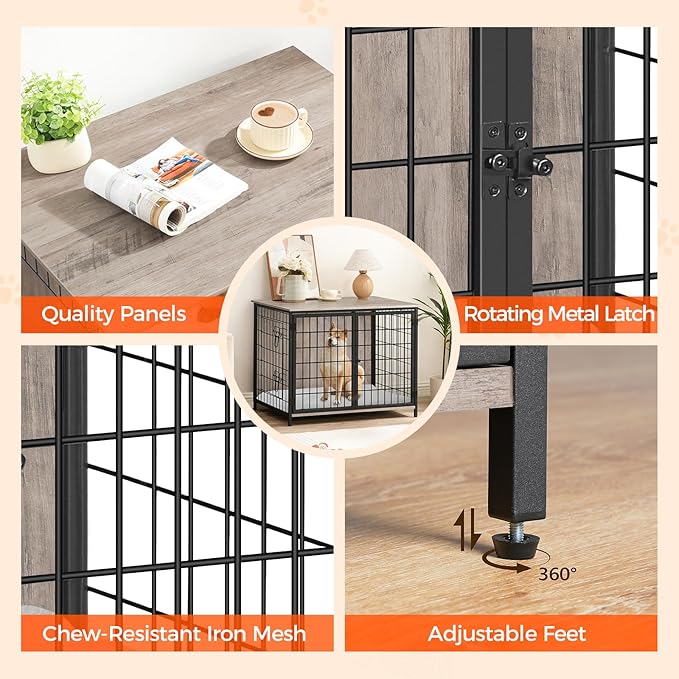 MAHANCRIS Dog Crate Furniture with Cushion, Wooden Dog Kennel with Double Doors, Heavy Duty Dog Cage for Small/Medium/Large Dogs, Indoor Dog House End Table, 31.5" L, Greige DCHG0701