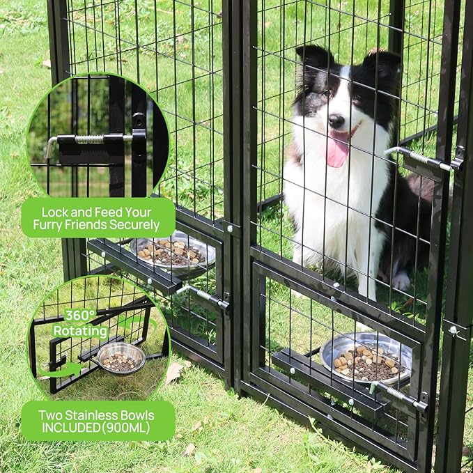 Dog Kennel Outdoor 8 x4 x6 ft with Roof and Rotating Bowl Holders, Large Metal Dog Enclosure, Heavy Duty Dog House Built with Robust 4mm Diameter Wire (8'L x 4'W x 6'H)