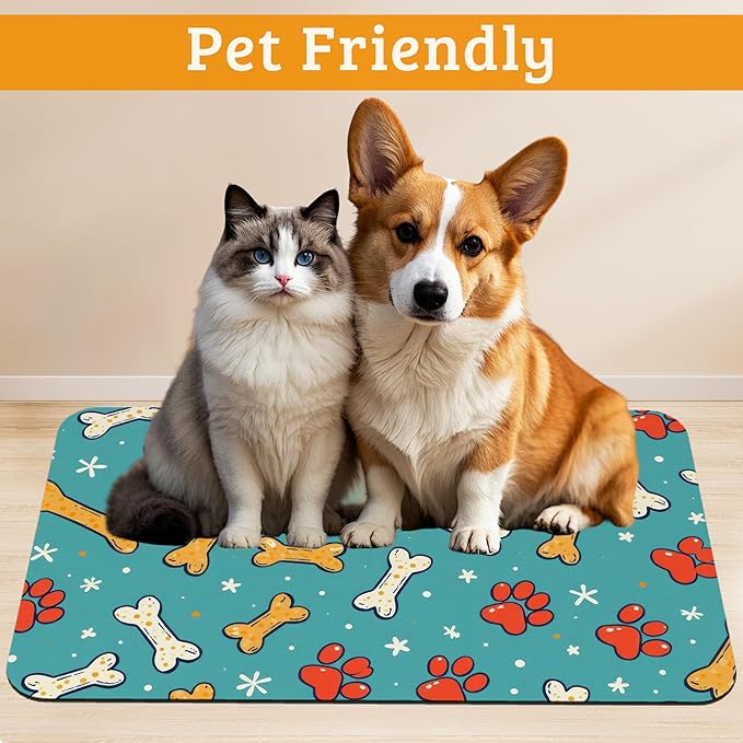 Dog Paws Cat Food Mat,Bones Absorbent Pet Feeding Mat for Food and Water Bowl,Quick Dry Dog Placemat Non Slip Rubber Backing Waterproof Pet Supplies 16" x 24"